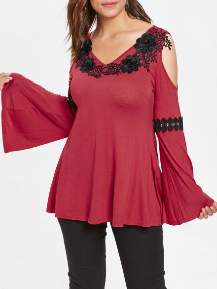 Floral Applique Plus Size Cold Shoulder T-shirt CHESTNUT
