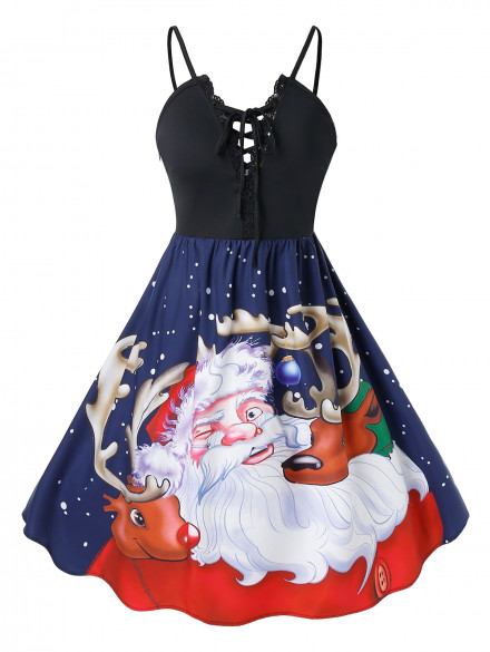 Plus Size Santa Claus Elk Print Lace Up Christmas Dress BLACK