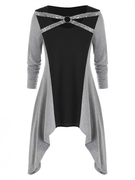 Plus Size Sequin Colorblock Asymmetric T Shirt BLACK
