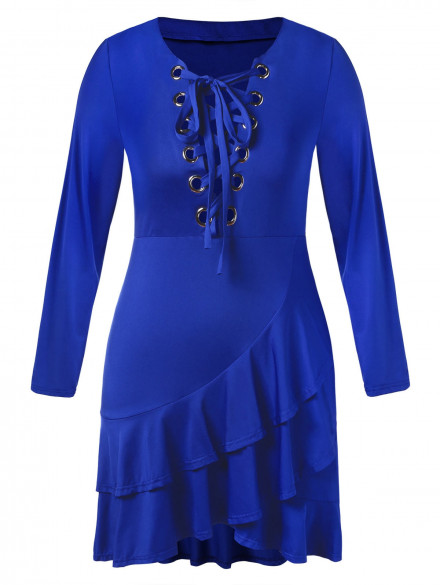 Plus Size Lace Up Ruffled Midi Dress BLUE