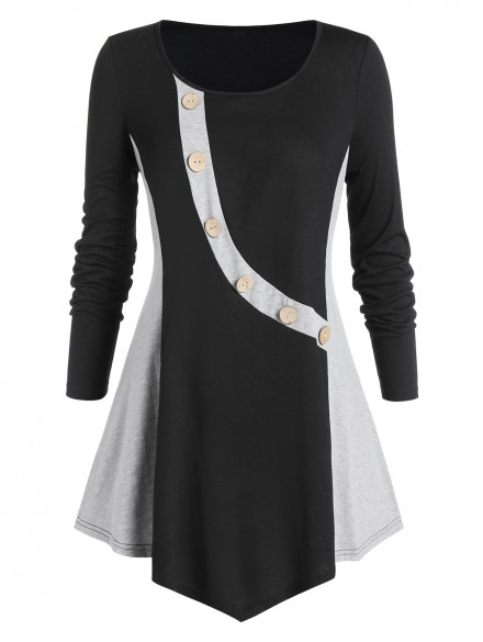 Plus Size Contrast Round Collar Tunic T Shirt BLACK