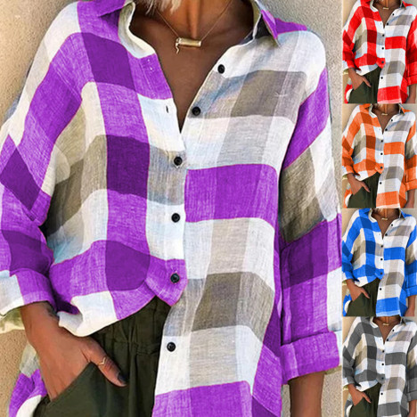 Women Casual V Neck Button Blouse Shirts Autumn Sexy Long Sleeve Plaid Print Tops Lady Plus Size Blusa Streetwear 