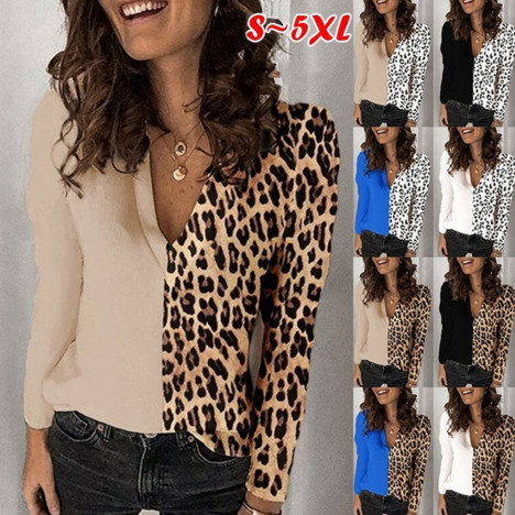 Women Leopard Print Patchwork Blouse Shirts Sexy Deep V-Neck Long Sleeve Blouse Tops Elegant Office Lady Blusa Plus Size 5XL