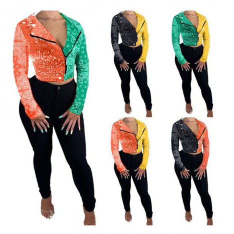 Women Autumn Bandanna Print Patchwork Zipper Up Long Sleeve Moto Biker Stlye Streetwear Jackets