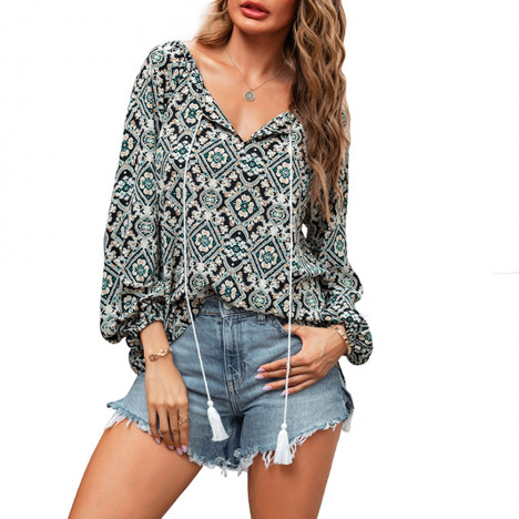 2020 Women New Elegant Retro Floral Print Blouses Fashion V Neck Tassel Long Sleeve Shirt Autumn Casual Office Blouses Plus Size