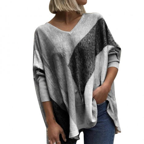 Women Casual Rainbow Patchwork Tops Autumn Winter Bat Sleeve V-neck T shirts Pullover Casual Loose Streetwear Oversized T shirt