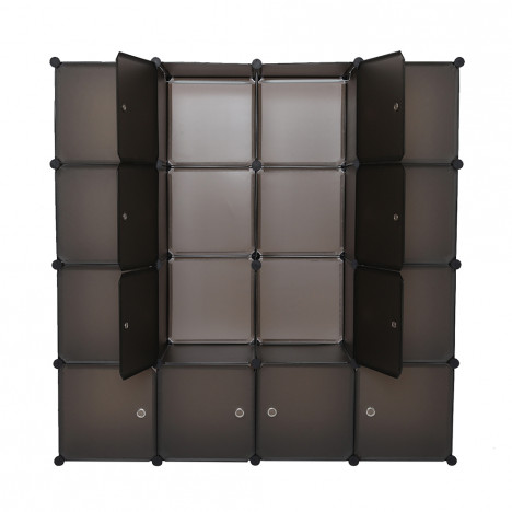 Modular Closet Organizer Plastic Cabinet, 16 Cube Wardrobe Cubby Shelving Storage Cubes Drawer Unit, DIY Modular Bookcase Closet System Cabinet with Doors for Clothes, Shoes, Toys, Brown