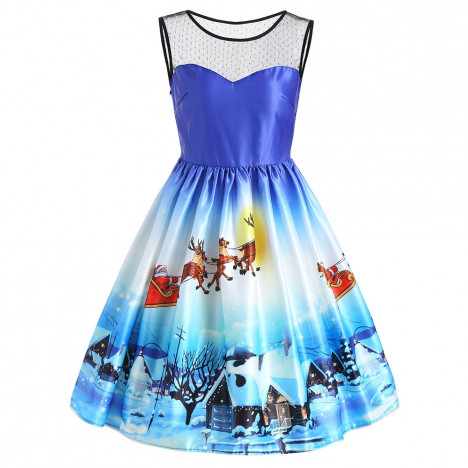 Christmas Sleeveless Snow View Print Vintage Dress BLUE