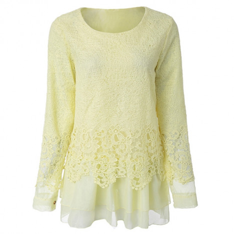 Chic Round Collar Long Sleeve Lace Spliced Women's Blouse BEIGE