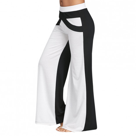Wide Leg Pants with Color Block WHITE AND BLACK