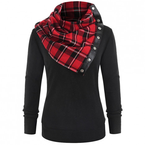 Round Neck Sweatshirt with Tartan Neck Gaiter BLACK