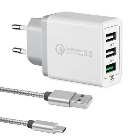 Minismile 42W QC3.0 Quick Charge 3-Port Power Adapter Wall Fast Charger + 3.4A Type-C USB Charging Cable Kit WHITE