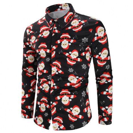 Snowflakes Santa Claus Print Christmas Shirt BLACK