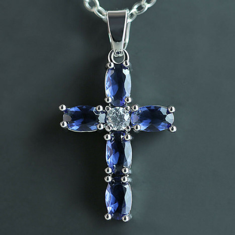 Elegant Cross 925 Silver Necklace Pendants Blue Sapphire Women Jewelry Gift