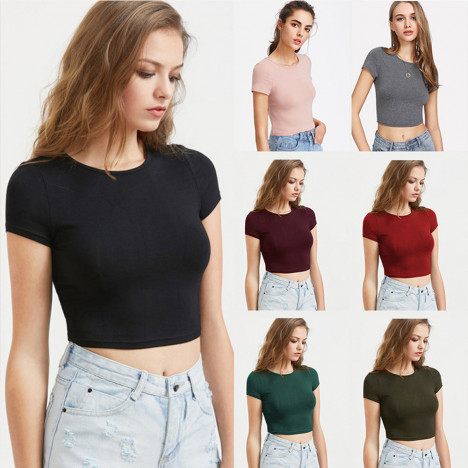 2020 fashion solid color crop top cotton short sleeve t shirt women teenagers girl t-shirts tops summer o neck casual tees shirt