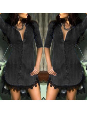  Women's Shirt Chiffon Shirt 2020 Women's Button-down Denim Sexy Dress Ladies Lace Jeans Long Shirt