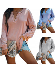 Women Shirts Womens Casual Long Sleeve V Neck Button Pure Color T Shirts Blouses Tunic Tops Laides T Shirt Women Camisetas
