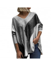 Women Casual Rainbow Patchwork Tops Autumn Winter Bat Sleeve V-neck T shirts Pullover Casual Loose Streetwear Oversized T shirt