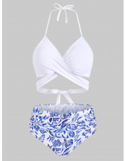 Flower Bird Pineapple Halter Criss Cross Tummy Control Bikini Swimwear WHITE