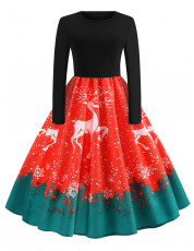 Christmas Elk Print Fit and Flare Dress LAVA RED