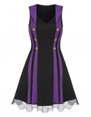 Mock Button Lace Trim Contrast Sleeveless Dress PURPLE