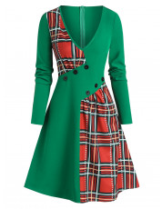 Christmas Plaid Print Plunge Neck Mock Button Dress DARK GREEN