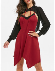 Contrast Cami Asymmetrical Dress with Hooded T Shirt RED WINE