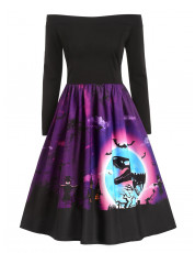 Dinosaur Bat Print Off Shoulder Halloween Dress DARK ORCHID