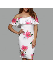 Flower Print Overlay Off Shoulder Bodycon Dress FLORAL