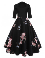 Floral Midi Vintage Flare Dress BLACK