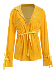Tie Cuffs Drawstring Waist Velvet Shirt YELLOW