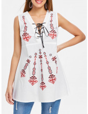 Deep V Neck Retro Printed Sleeveless Blouse WHITE