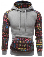 Kangaroo Pocket Printed Drawstring Raglan Sleeve Hoodie GRAY