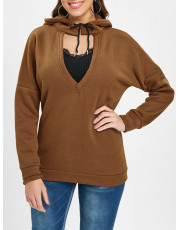 Low V Neck Cut Out Hoodie BROWN