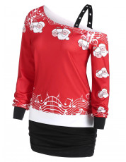 Christmas Santa Claus Skew Collar Open Shoulder Sweatshirt RED