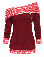 Christmas Convertible Skew Neck Elk Print Cable Knit Sweater RED WINE