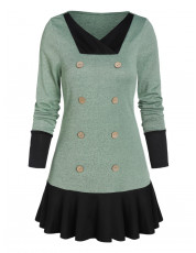 V Neck Button Skirted Sweater MINT GREEN
