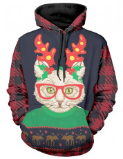Christmas Cat Print Long Sleeve Hoodie MULTI