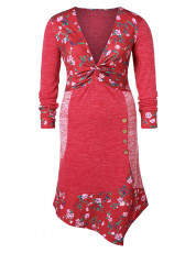 Plus Size Front Twist Floral Dress RED