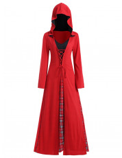 Plus Size Lace Up Plaid Panel Christmas Maxi Dress LAVA RED