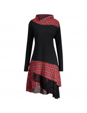 Stand Collar Long Sleeve Plaid Spliced Lace Plus Size Women Dress RED
