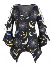 Cobwebs Print Halloween Lattice Criss Cross Plus Size Top BLACK