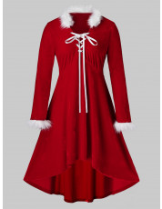 Plus Size Christmas Velvet Lace Up Faux Fur Panel Midi Dress RUBY RED