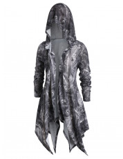 Plus Size Hooded Denim Print Hanky Hem Coat JET BLACK