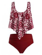 Plus Size Printed Flounce Tankini Swimwear RED WINE