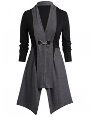 Plus Size Shawl Collar Contrast Color Buckle Cardigan BLACK