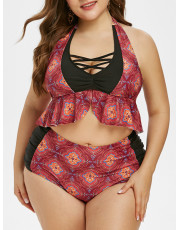 Plus Size Floral Pattern Crisscross Halter Tankini Swimsuit MAHOGANY