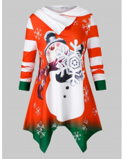 Plus Size Christmas Asymmetric Snowflake Print Tunic T Shirt RUBY RED