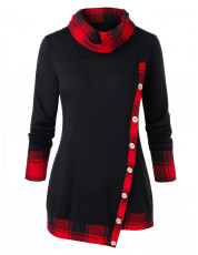 Plus Size Checked Panel Tunic Button T Shirt BLACK