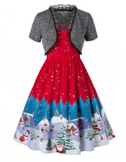 Plus Size Vintage Christmas Snowman Tree Print Pin Up Dress RED